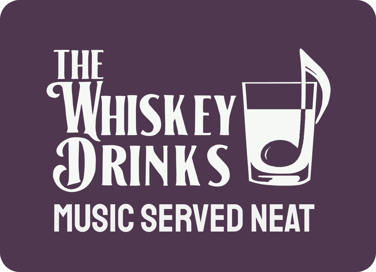 Final logo reading ‘The Whiskey Drinks – Music Served Neat’ with a whiskey glass and music note graphic