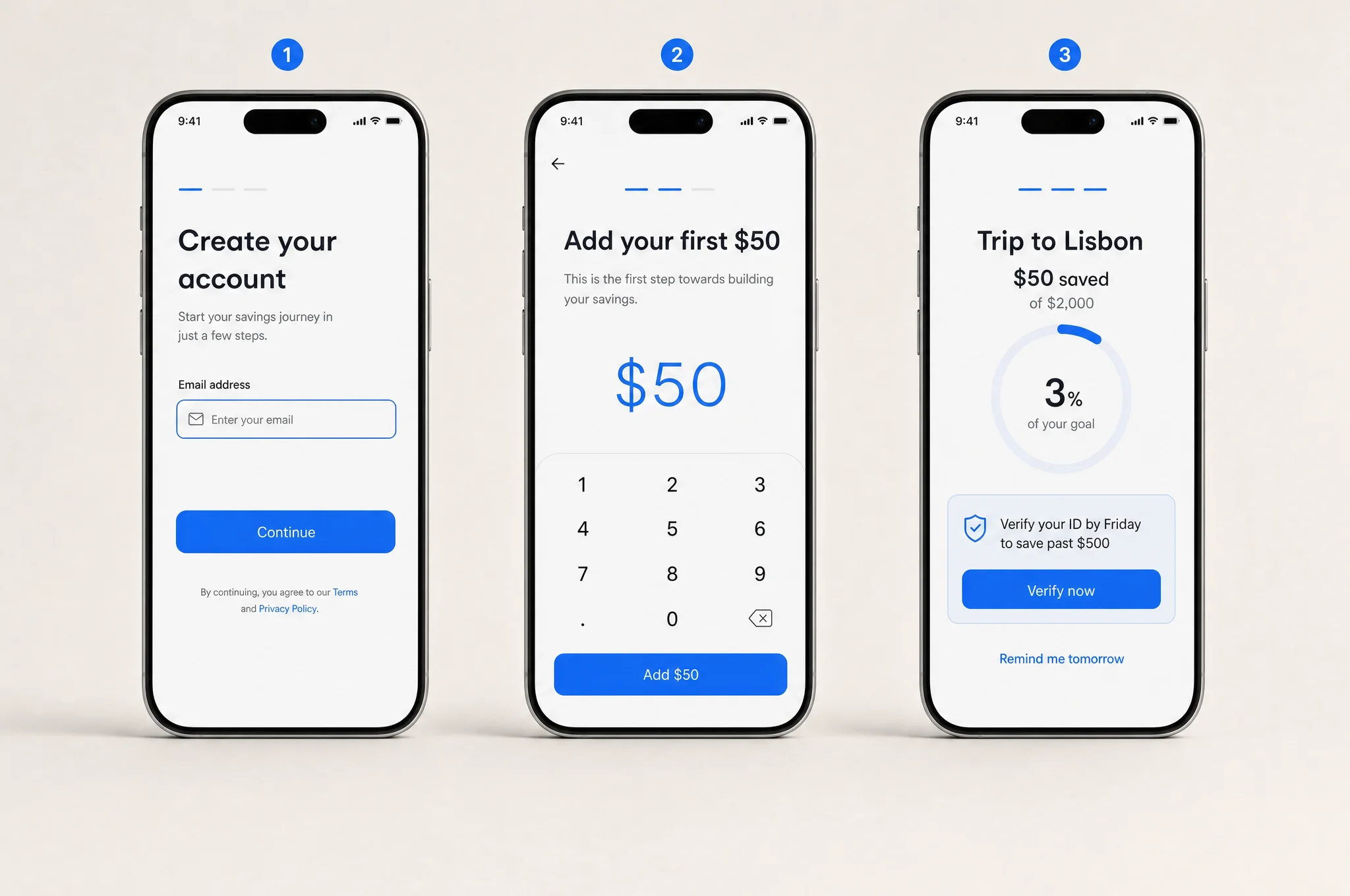 The new Sparvik onboarding on three phones: create an account, add a first $50, verify your ID later