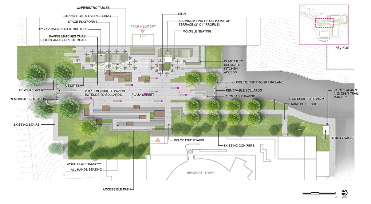 The final central plaza concept plan highlights the T-Mobile "digit" as a design catalyst, seamlessly integrated into lighting, seating, and pavilion features that define and enrich the space.