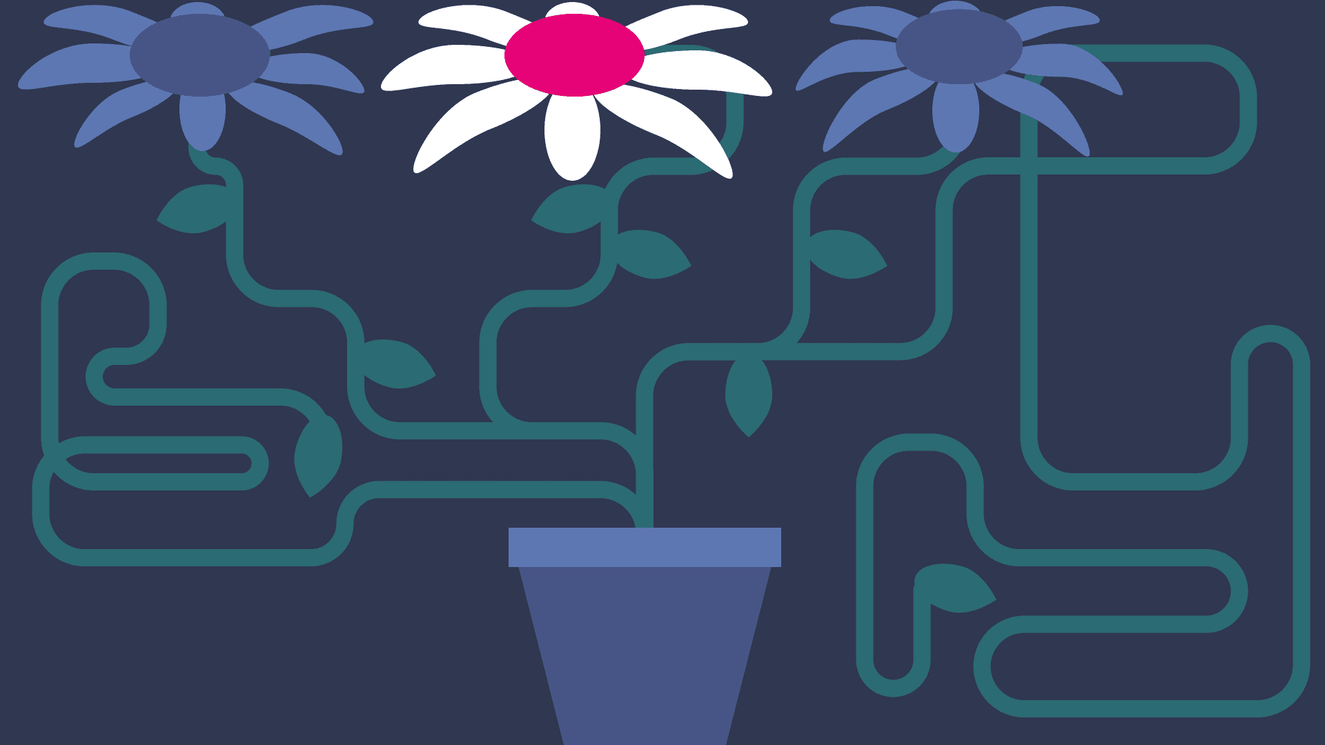 Abstrakte Illustration einer Topfpflanze auf dunklem Hintergrund, deren grüne Stängel wie ein komplexes Labyrinth oder Leiterbahnen verschlungen sind und in drei stilisierten Blumen enden. Symbolisiert komplexe Informationsarchitektur und technisches Wachstum.