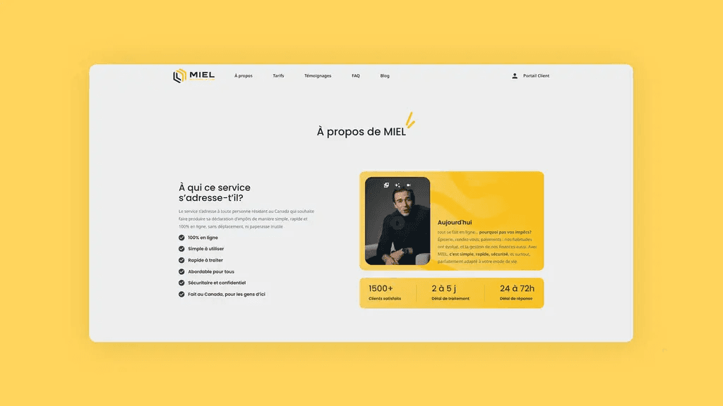 Page "À propos de MIEL" présentant le service de déclaration d'impôts en ligne — statistiques clés : 1500+ clients satisfaits, délai de traitement de 2 à 5 jours