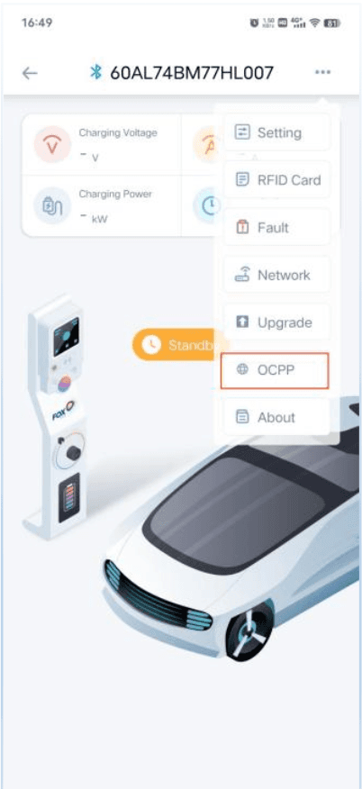 Three dots menu with OCPP option
