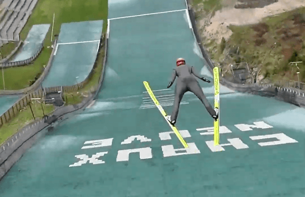 Chasing skijumper with FPV drone