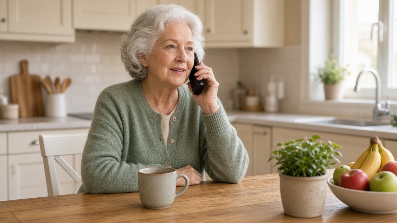 This image shows an elderly woman with white hair wearing a green cardigan, sitting at a wooden table in a bright, modern kitchen. She is holding a phone to her ear, appearing engaged in a conversation. On the table in front of her, there is a ceramic mug, a potted plant, and a bowl filled with fresh fruits like bananas, apples, and pears. The kitchen background includes light-colored cabinets, utensils, and a window allowing natural light to enter. This image can be used to represent themes such as elderly care, home support services, memory care, and staying connected through communication.