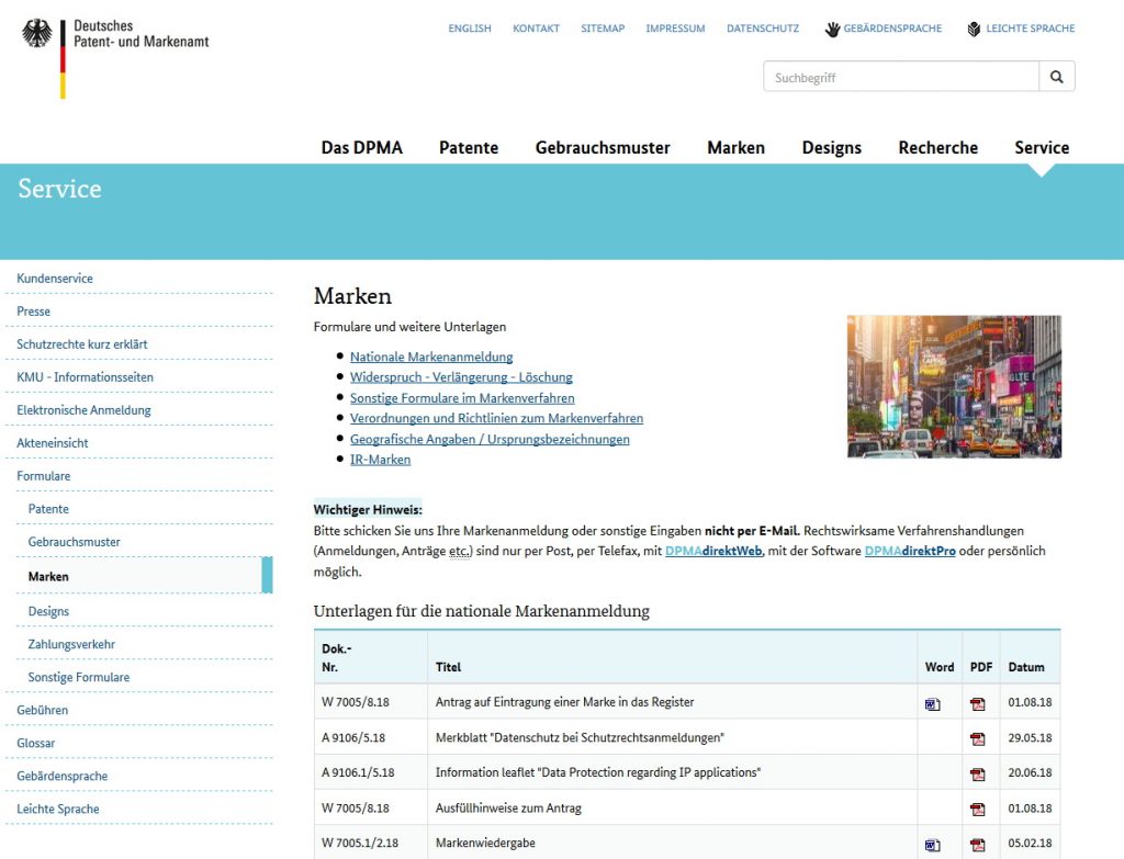 Formulare zum Markenschutz