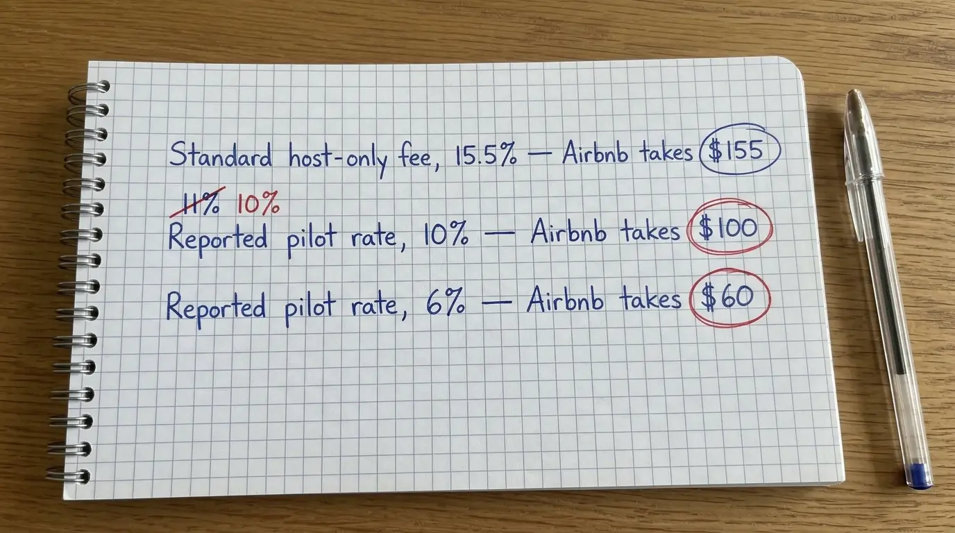 A handwritten notebook page working out Airbnb's fee on a $1,000 booking at three rates, showing $155 at 15.5 percent, $100 at 10 percent and $60 at 6 percent.