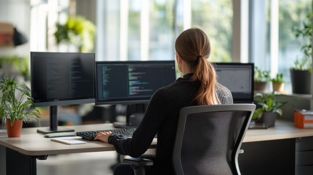 A woman sits at a modern desk, focused on her work with dual monitors displaying code, in a well-lit office filled with plants. This setup emphasizes the importance of a conducive work environment for enhancing productivity and supporting employee well-being, especially in relation to sleep health