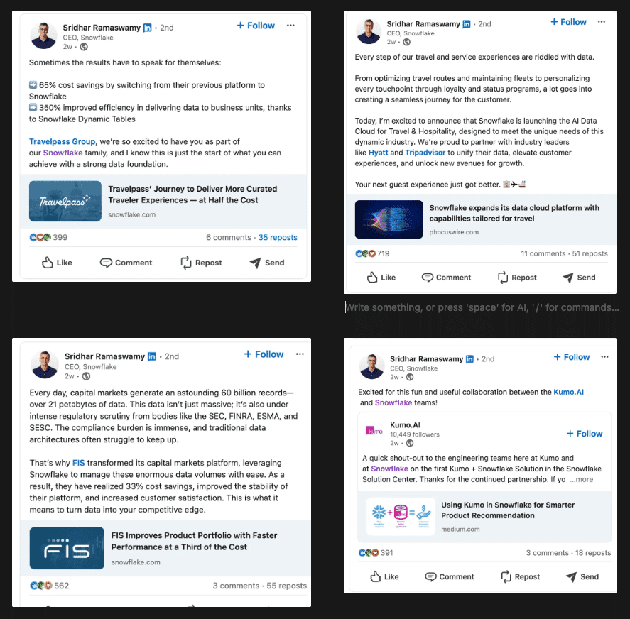 Snowflake Marketing Spotlight: CEO's LinkedIn posts