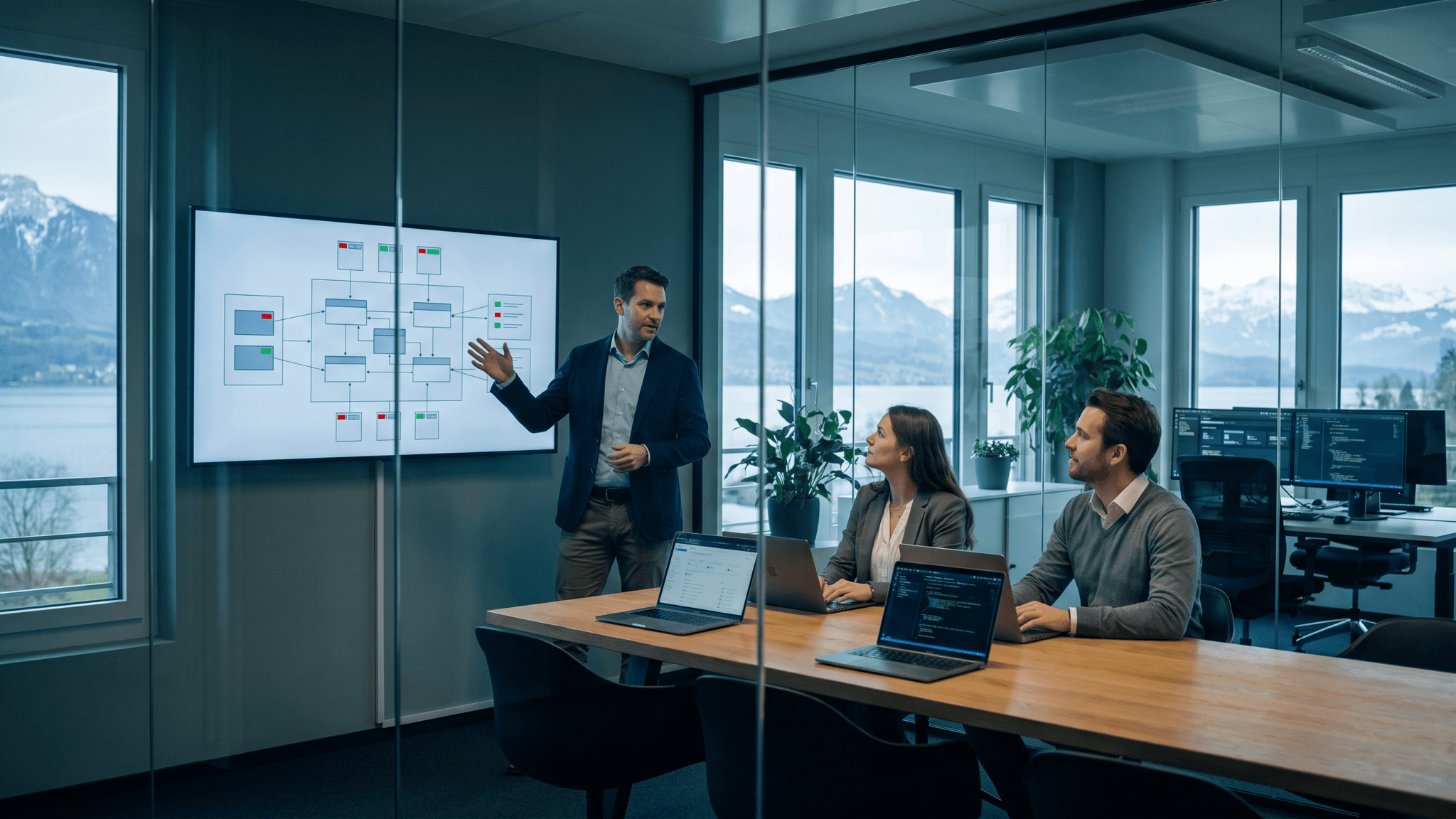 Testarchitekt erklärt einem Team im Glas-Besprechungsraum ein Architekturdiagramm mit Statusanzeigen