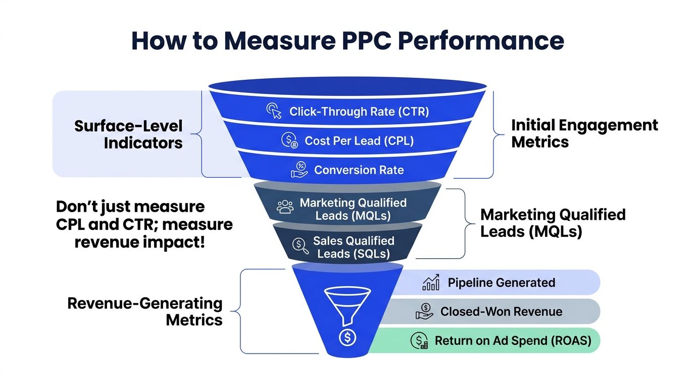 A funnel infographic explaining key metrics for measuring PPC performance, from engagement to revenue generation.