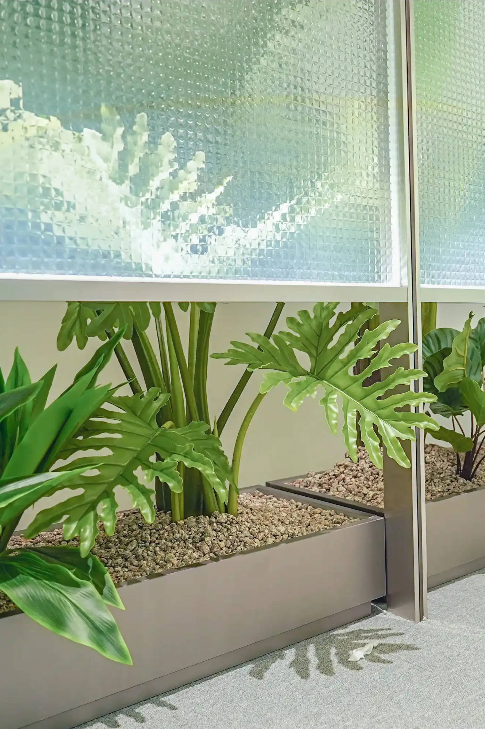 사옥 로비 실내 가든 클로즈업 자연석 이끼 양치류