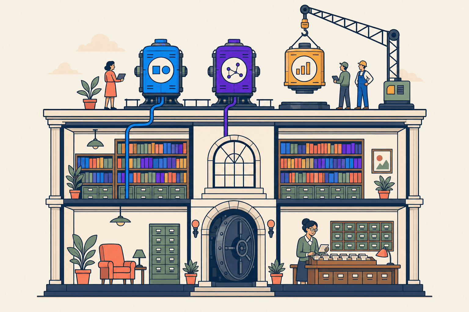 Illustration: Wissensbibliothek als Fundament mit austauschbaren Modell-Modulen auf dem Dach