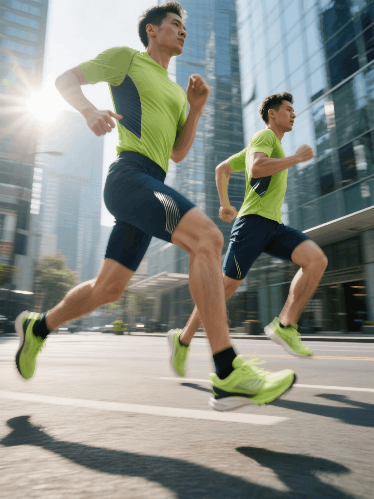 Two men in matching green running outfits sprint down a city street.