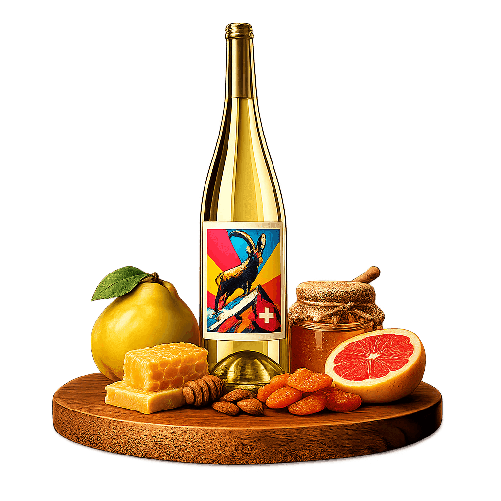 Artistic label and flavor profile for Swiss Completer on a rustic wooden table.