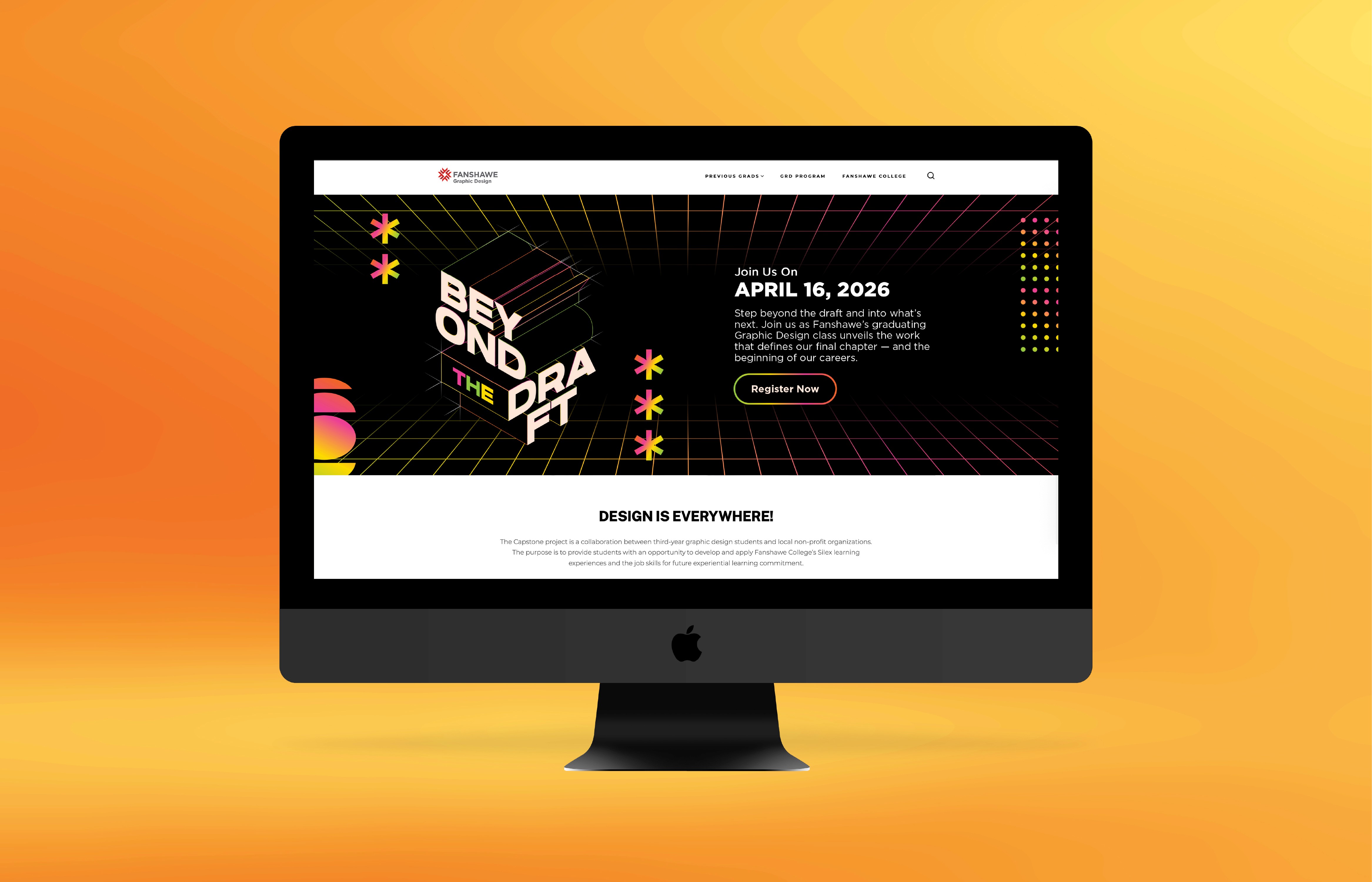 Mockup of an iMac showing the landing page of the fanshawe graphic design website. This is a potential design where users can go and sign up for the event.