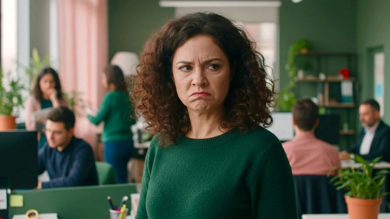 Femme brune aux cheveux bouclés, debout dans un open space, affiche une moue désapprobatrice en regardant sur le côté, tandis que des collègues travaillent en arrière-plan dans un bureau moderne aux tons verts. Son expression sceptique illustre le sentiment “c’était mieux avant”, symbole des réfractaires au changement en entreprise.