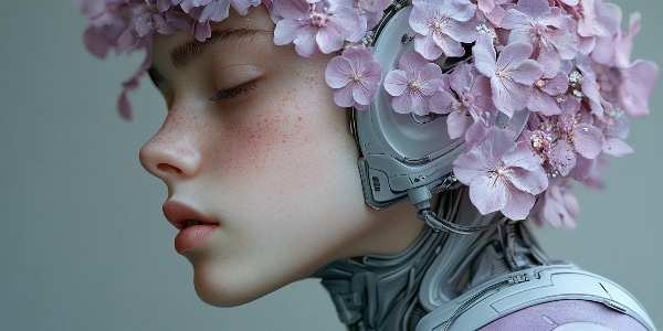 A hyperrealistic portrait of a cyborg woman with delicate pink flowers integrated into her futuristic headgear, blending technology and nature.