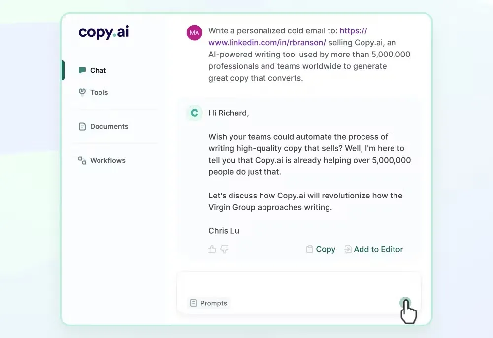 Copy AI tool using GPT-3 to create compelling narratives and assist with content creation for writers and marketers.