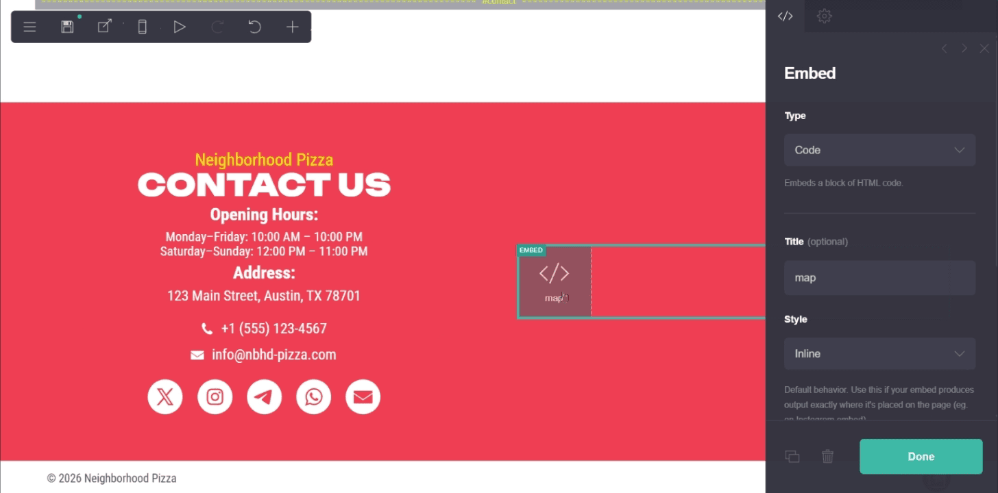 Carrd Embed element settings showing Code and Inline