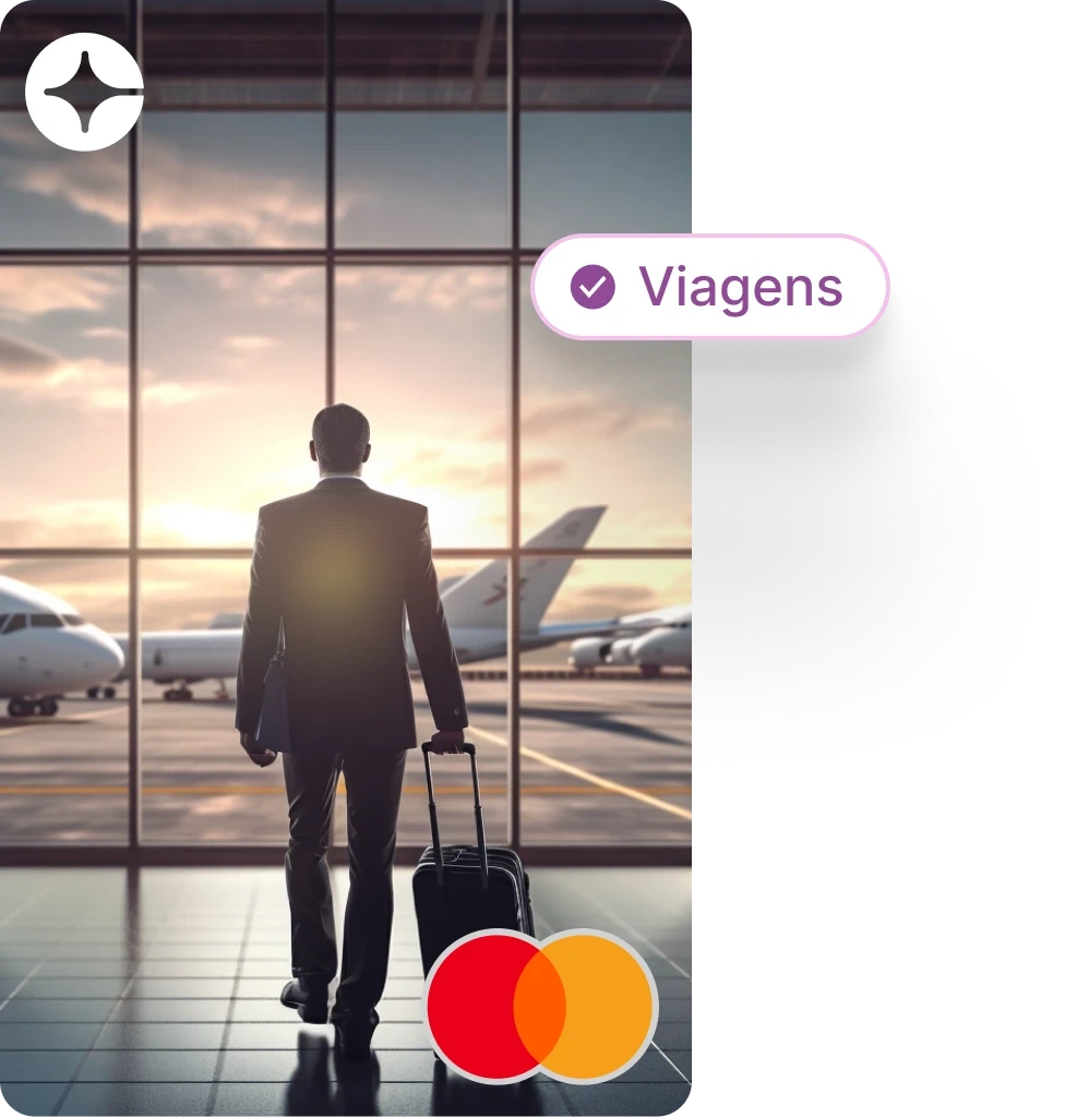 Cartão Clara para empresas com benefícios em viagens, ilustrado com asa de avião ao pôr do sol