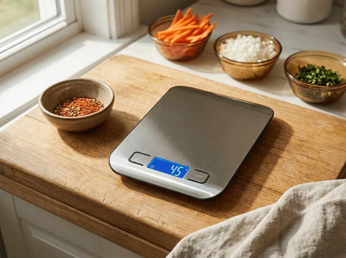Digital kitchen scale with timer on wooden cutting board, new kitchen gadgets