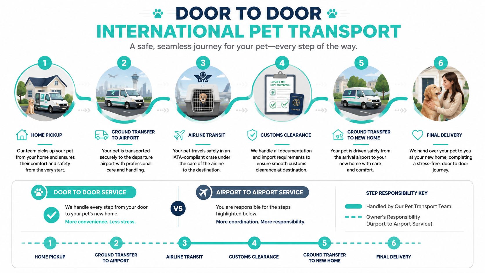 An infographic detailing the six steps of an international door-to-door pet transport service for owners.