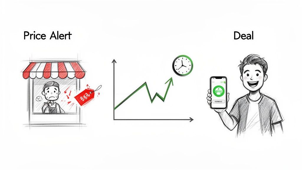 Illustration showing a price alert with a sad person, a price chart, and a happy person finding a deal on a phone.