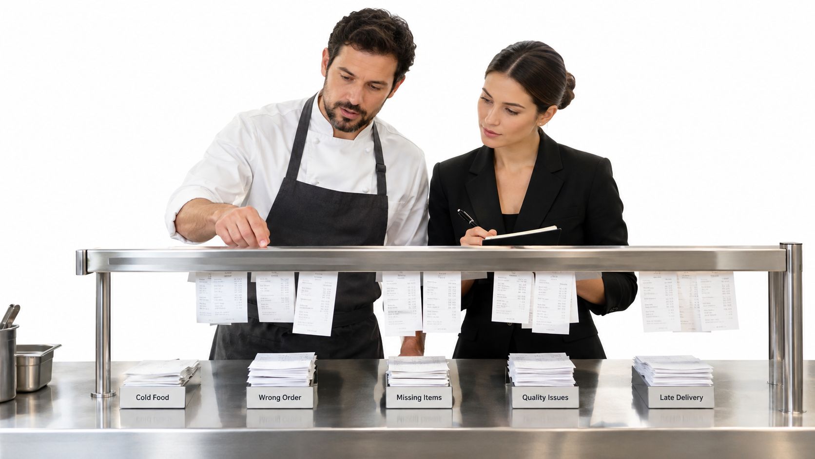 Un chef y una gerente revisan notas de quejas en una cocina profesional de restaurante en blanco.