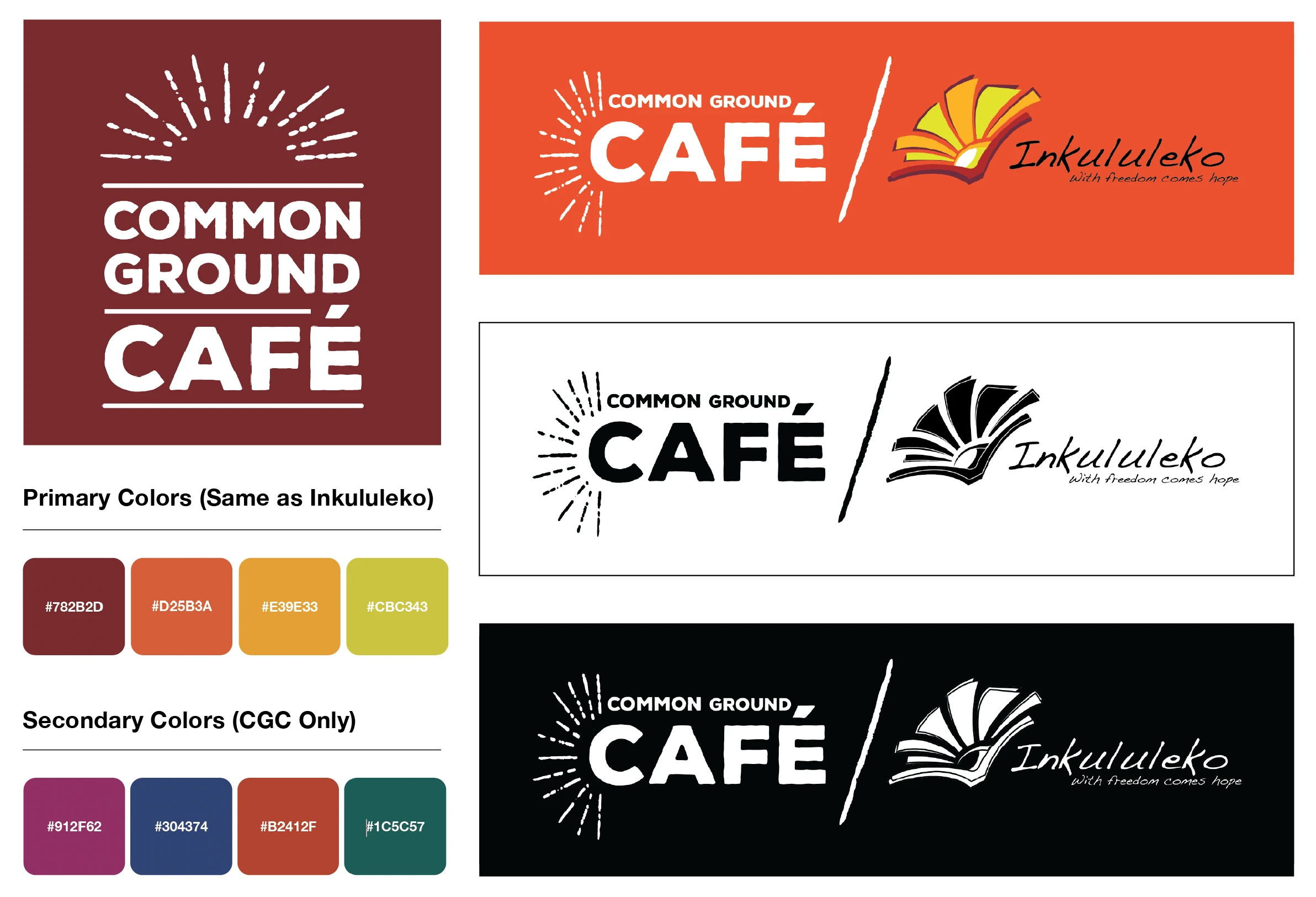 Common ground cafe and Inkululeko logo lockups, along with showing the primary and secondary colors.