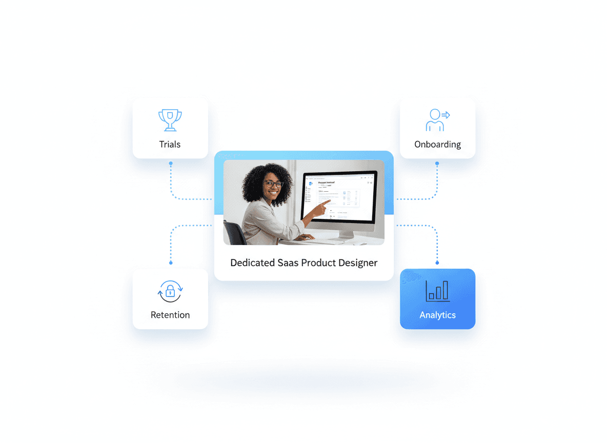 SaaS product designer working on a B2B admin dashboard focused on trials, onboarding, retention, and analytics optimization