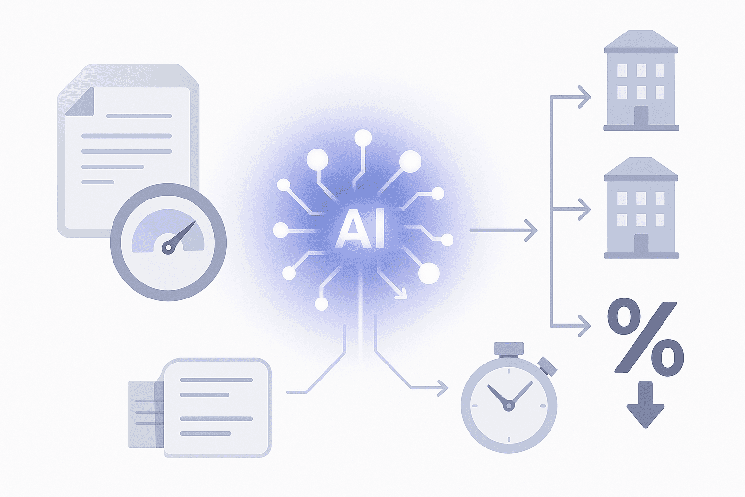 Flow diagram showing borrower data entering AI, routed to many lenders, resulting in a faster lower mortgage rate
