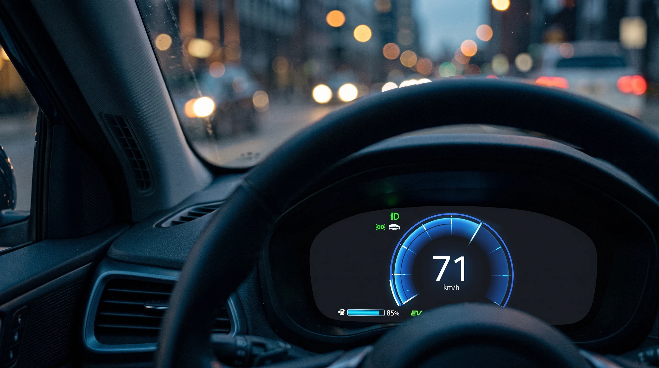 Car dashboard showing 71 km/h, city lights blurred in the background.