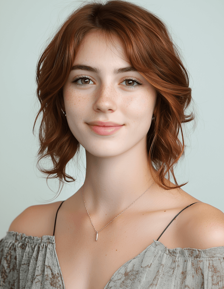 Portrait of a young woman with shoulder-length auburn hair and freckles, wearing a gray off-the-shoulder top and a delicate necklace.