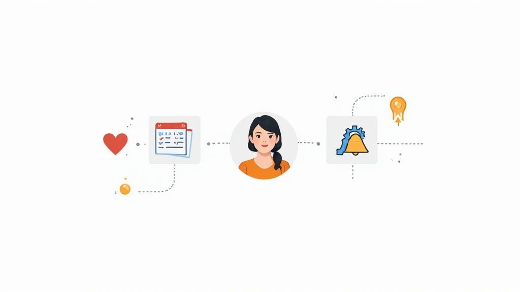 Employee engagement workflow illustration showing notifications, scheduling, recognition and achievement badges connected to person