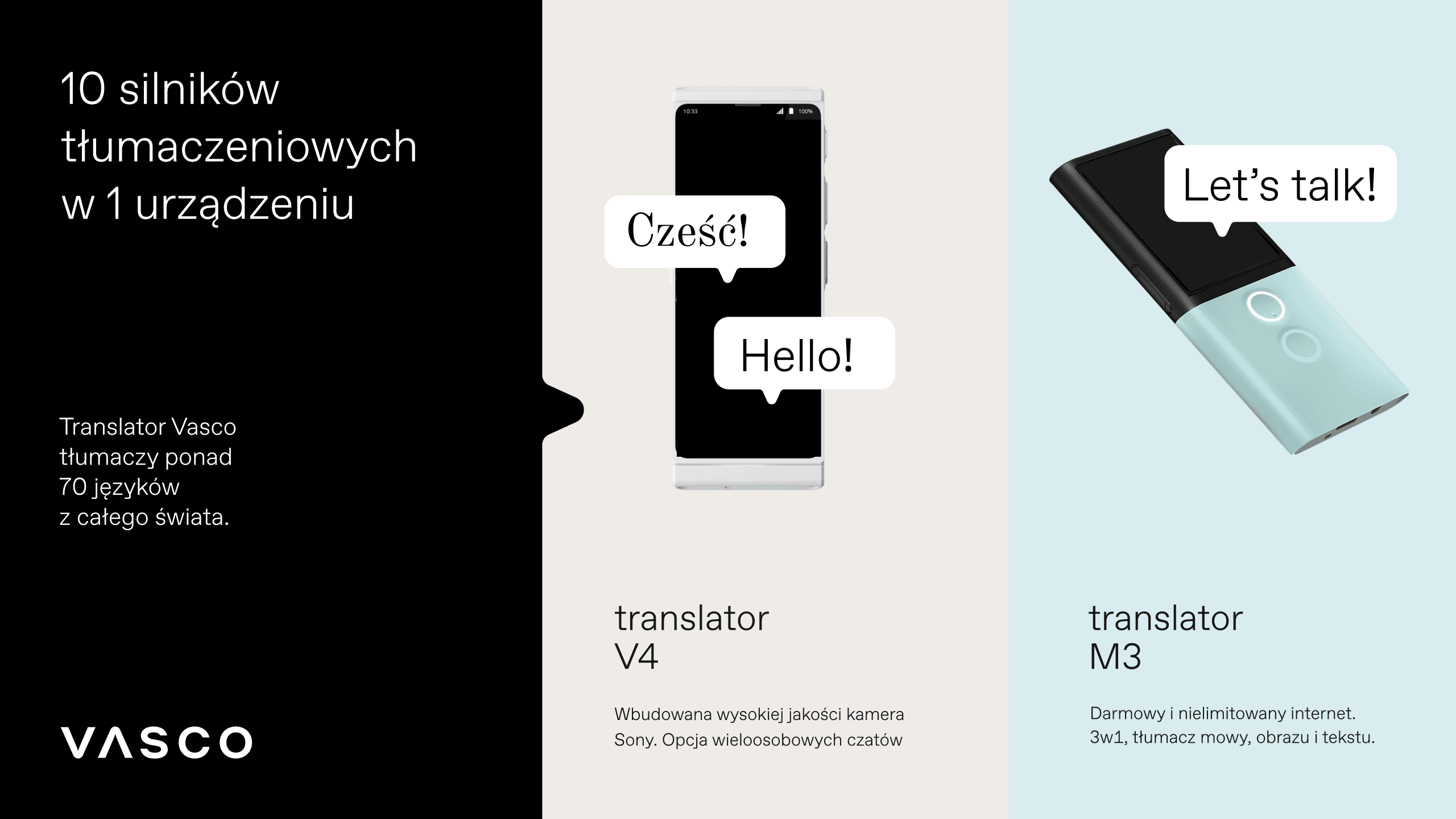 Plansza „10 silników tłumaczeniowych w 1 urządzeniu” z translatorami V4 i M3 oraz dymkami „Cześć!”, „Hello!” i „Let’s talk!”.