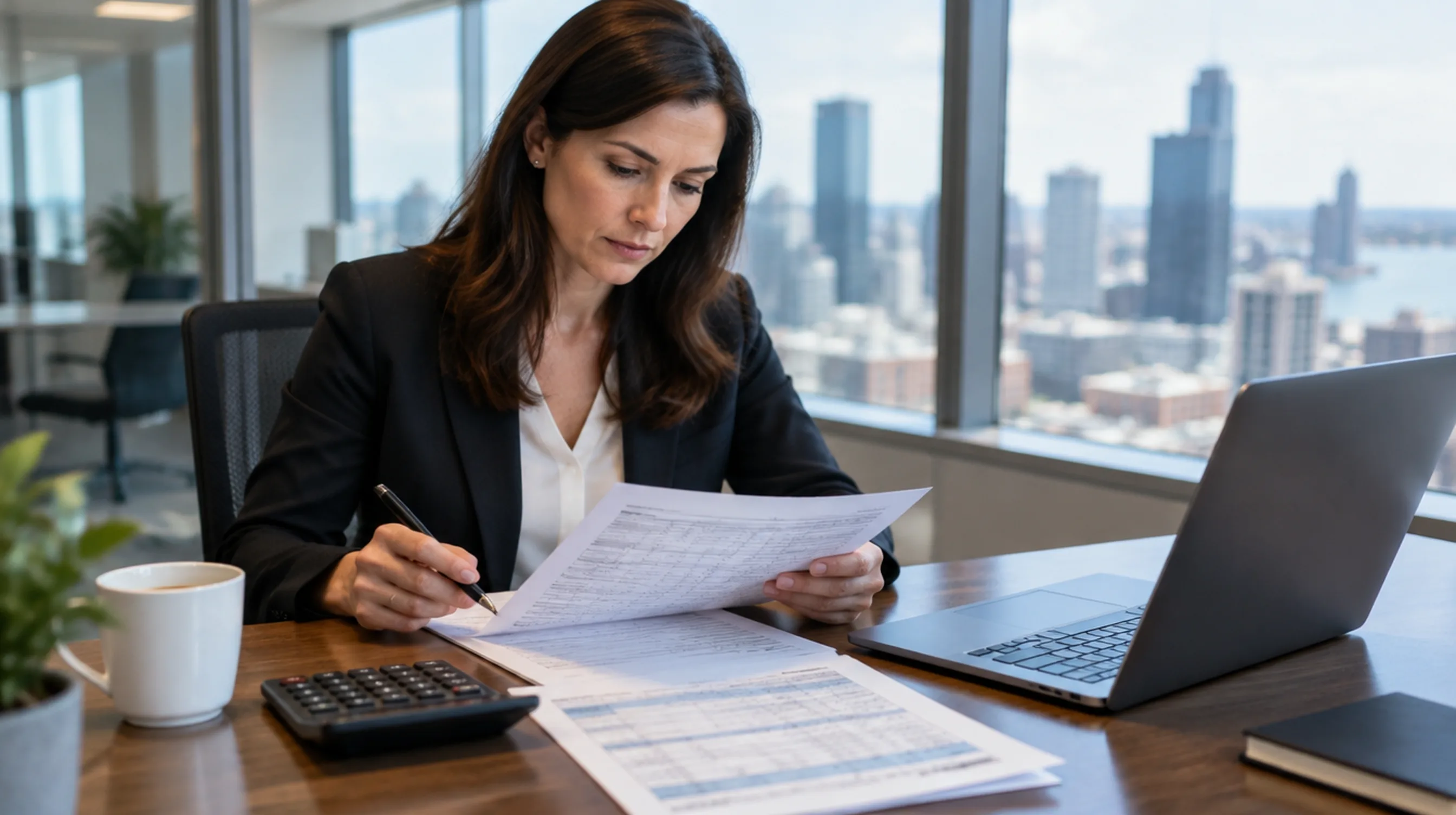 Corporate tax director reviewing a federal tax return and estimated tax worksheet at an office desk