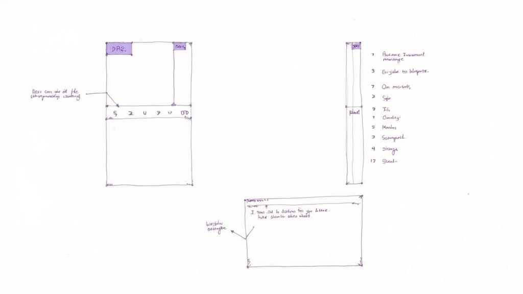 Hand-drawn purple ink diagrams and text annotations on a white background, outlining a process or design.