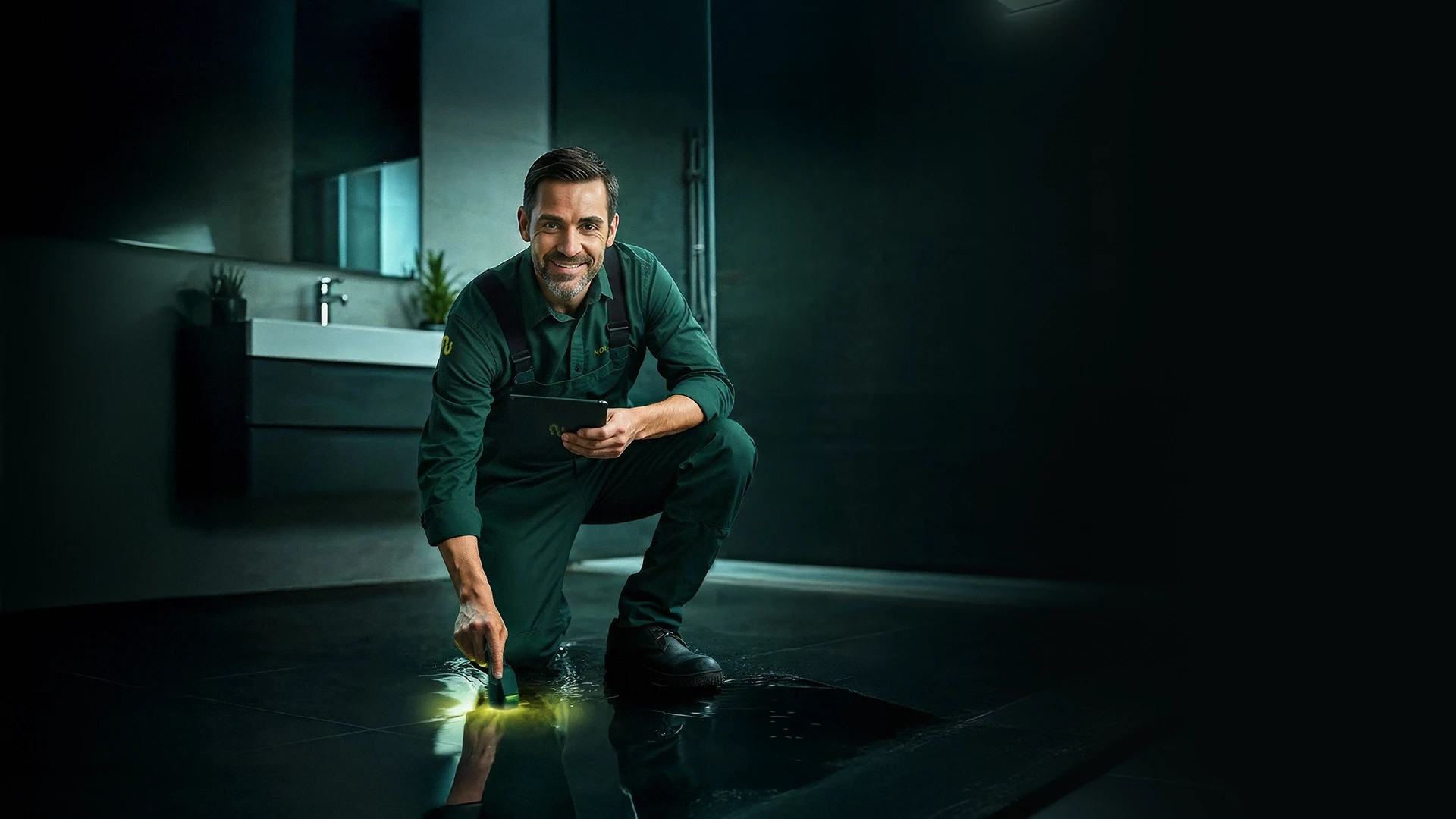 Ein Nolexx-Ortungstechniker ortet Wasserschaden im Boden eines Badezimmers.