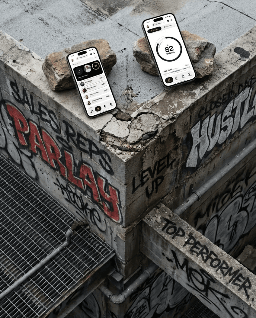 Two phones showing both a sales rep leaderboard and a sales organization's overall score