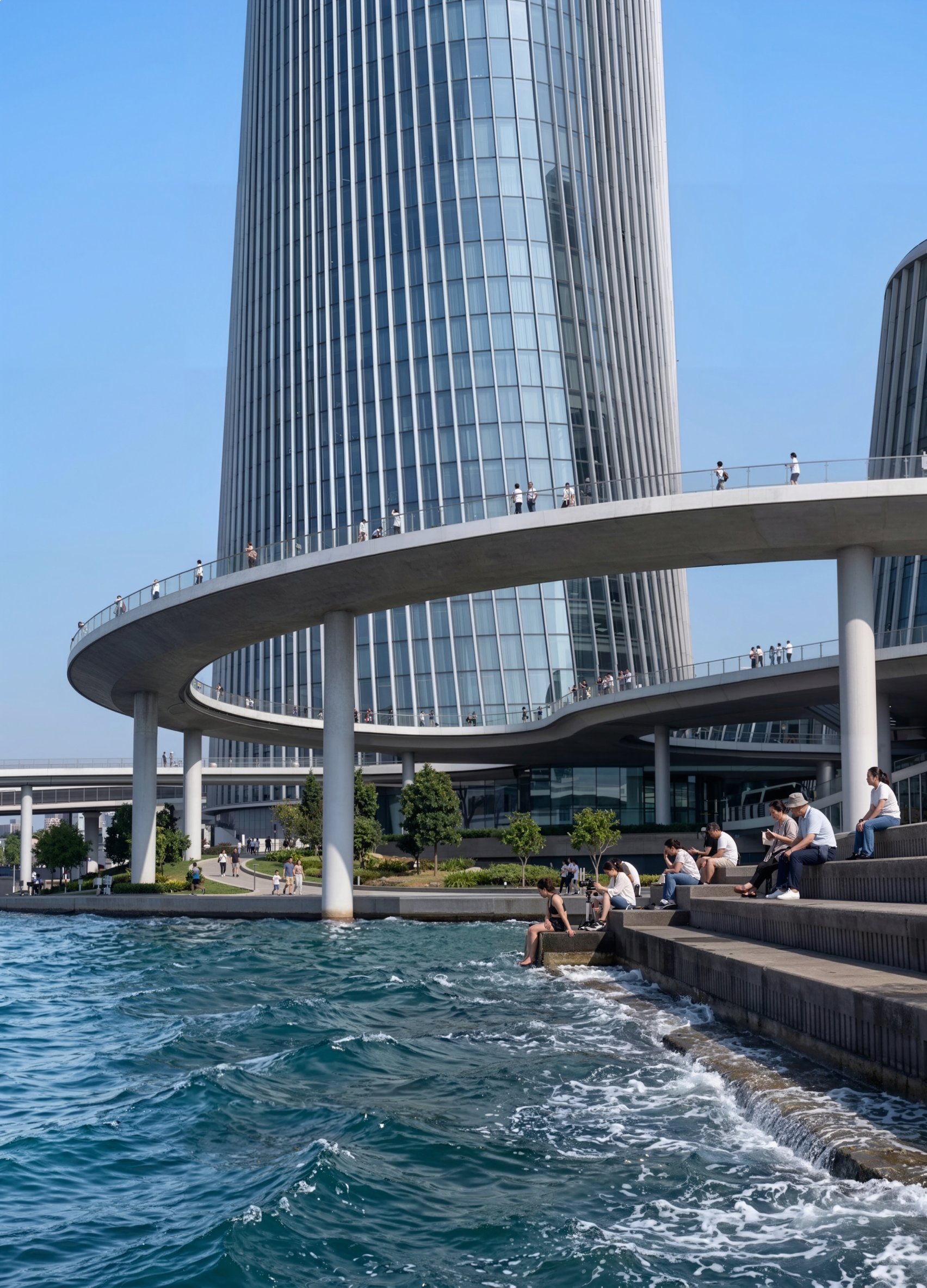 Architectural visualization of Halo — low-angle daytime portrait view of people sitting on waterfront steps below the curved elevated ring promenade, Shenzhen, China
