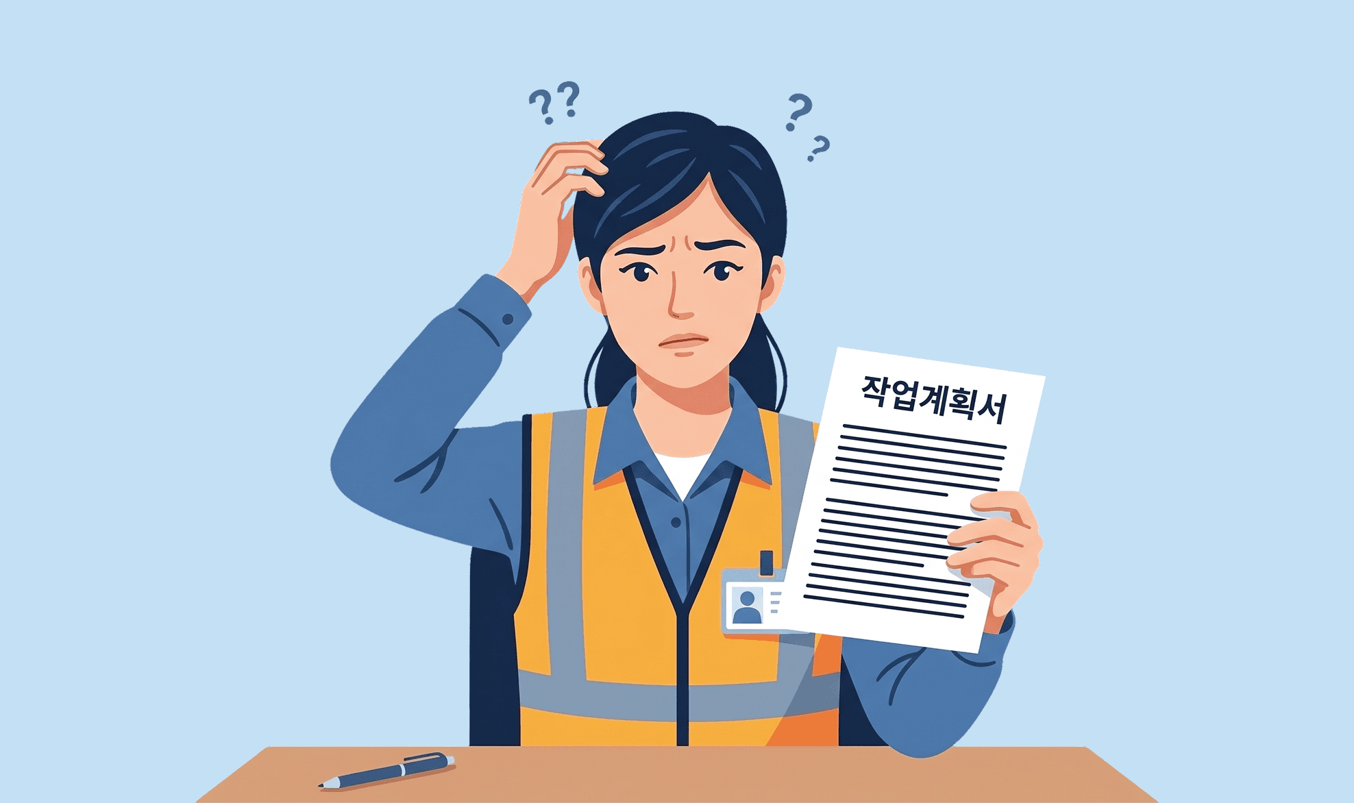 노란 안전 조끼를 입은 안전 담당자가 작업계획서를 들고 난감하다는 표정을 한 채 머리를 긁적이고 있다.