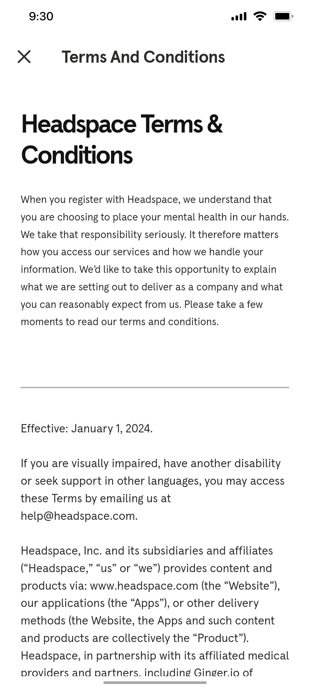 Headspace Term & Conditions screen