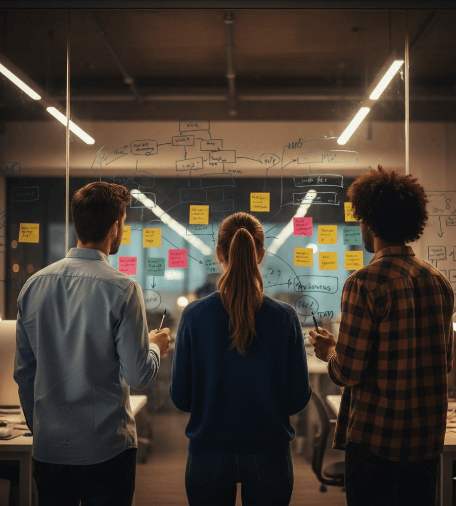 Three people brainstorming at a glass wall with sticky notes.