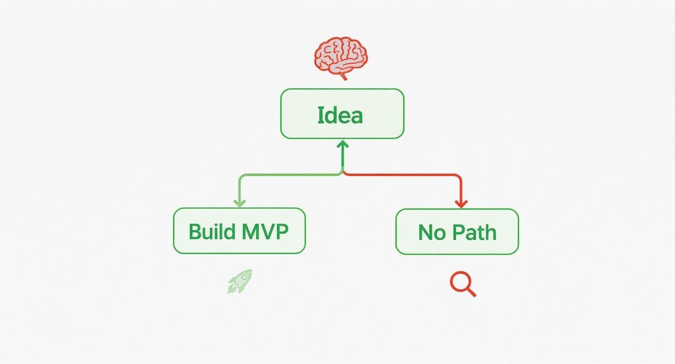 A flowchart showing an idea branching into 'Build MVP' (rocket) or 'No Path' (magnifying glass).