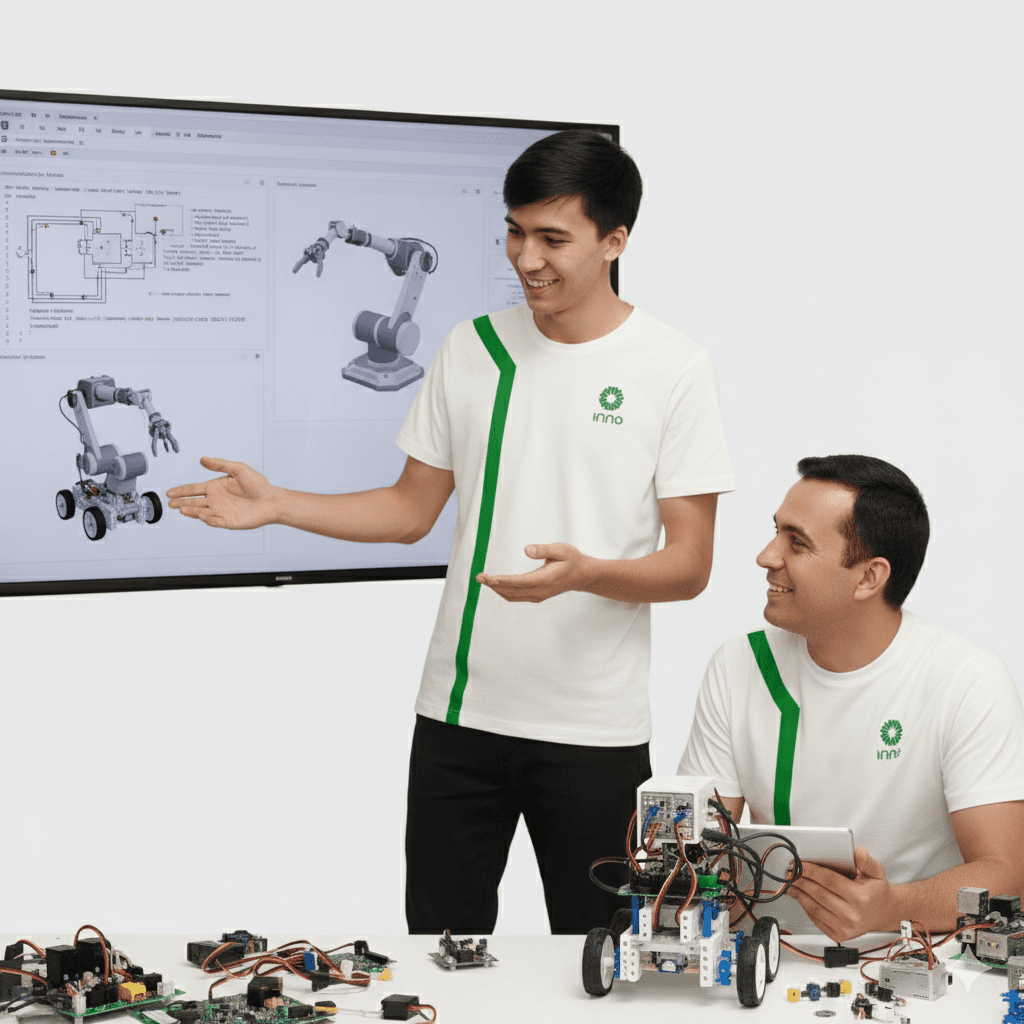 Учитель преподает урок по робототехнике