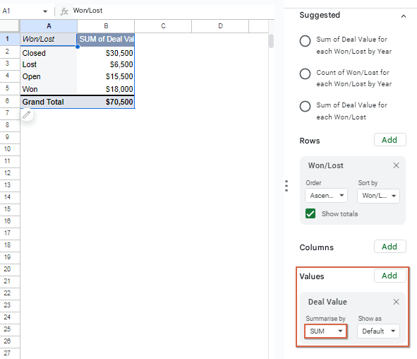 Values: Add "Deal Value" and set it to SUM.