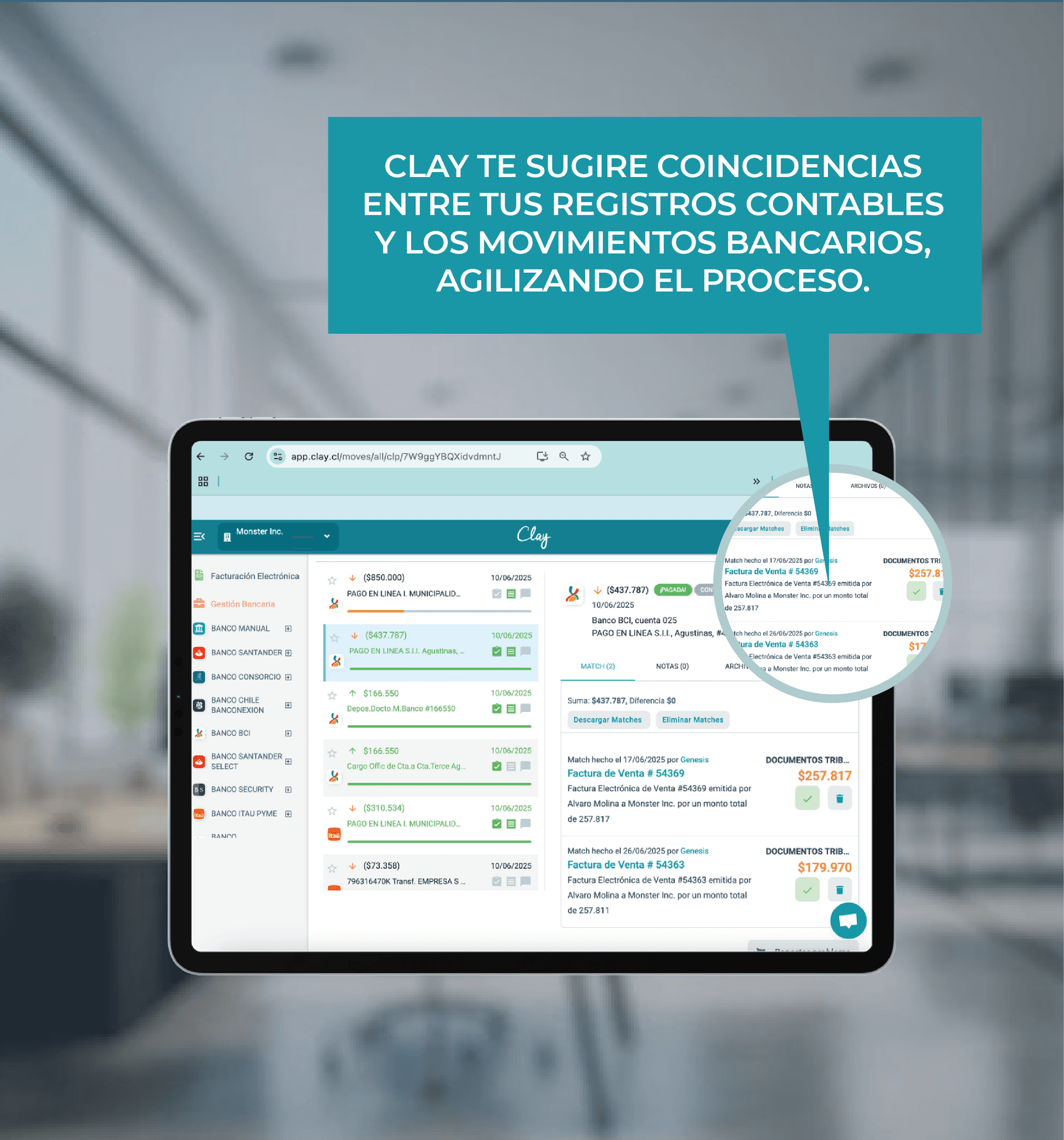 Vista de Gestión Bancaria en Clay con movimientos bancarios conciliados automáticamente