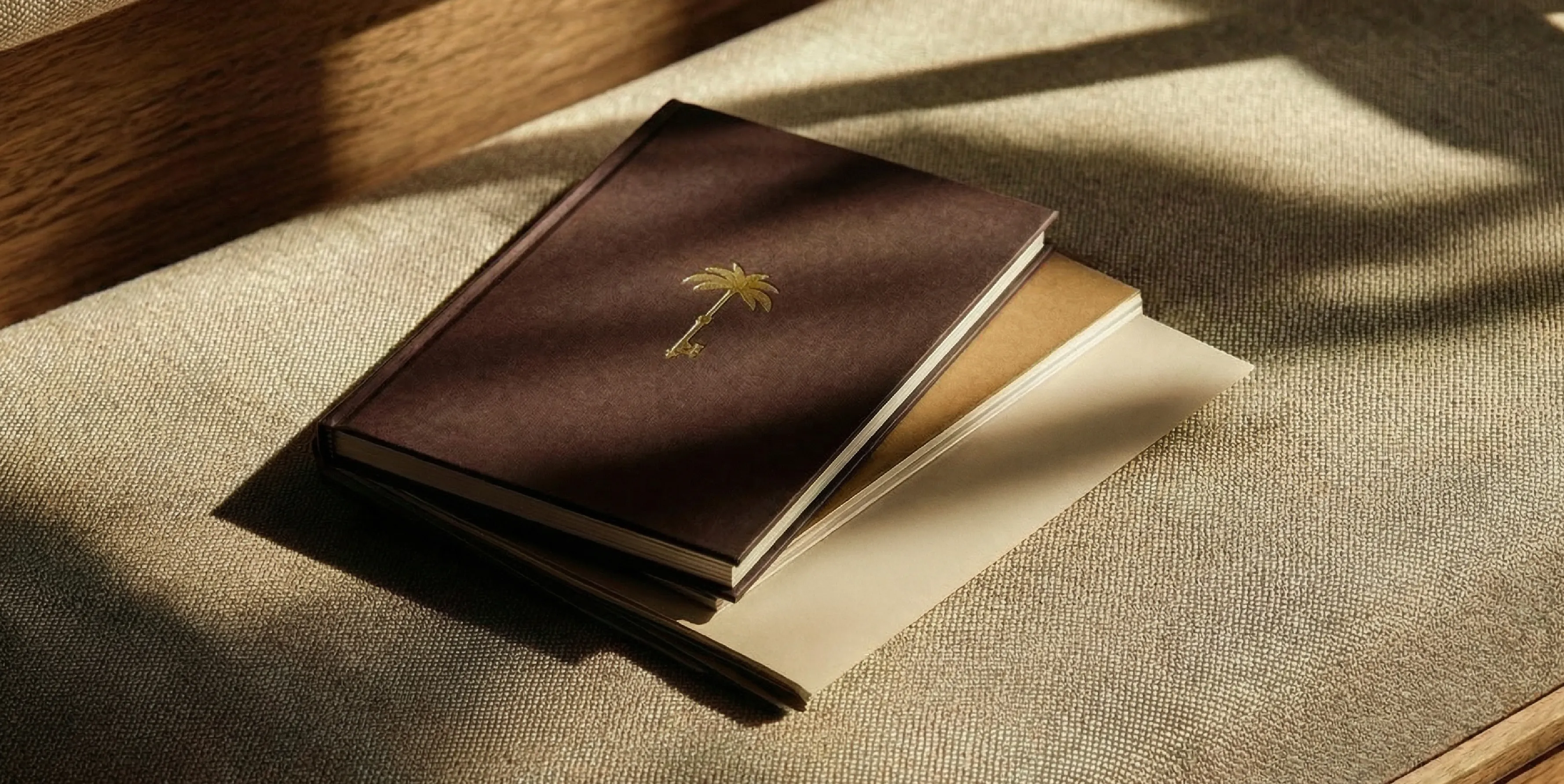 A brown book placed on a fabric background with a gold foil printed palm-key motif.