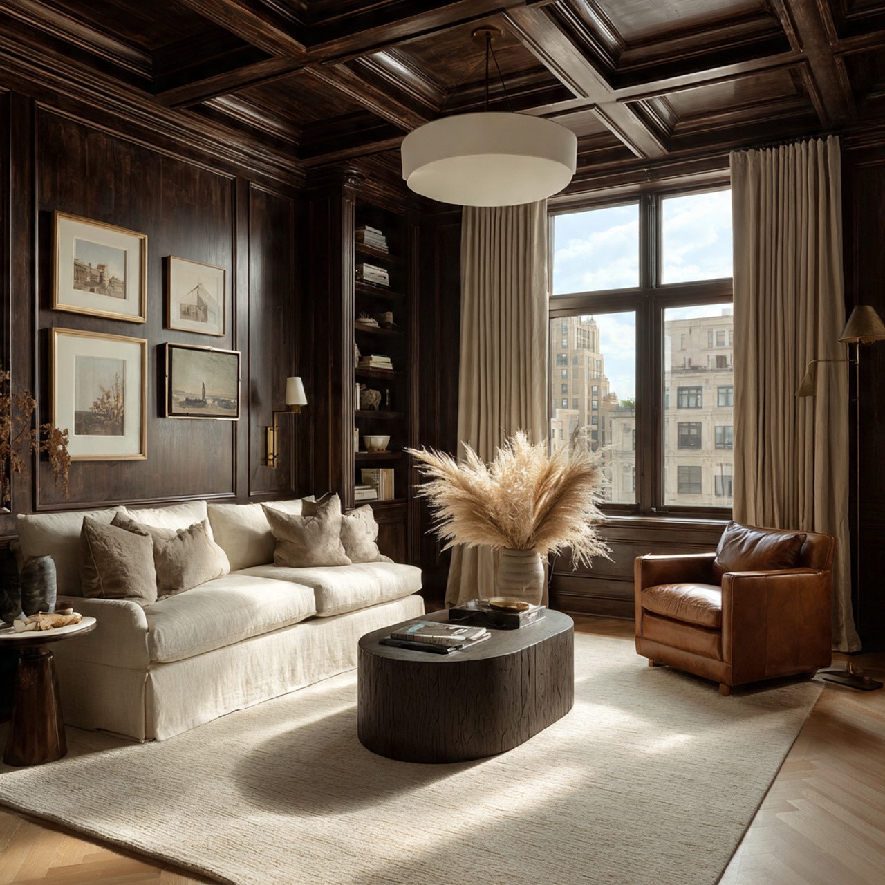 Elegant living room with dark wood paneling, beige sofa, leather chair, pampas grass centerpiece, large window, and soft lighting. Cozy and sophisticated ambiance.