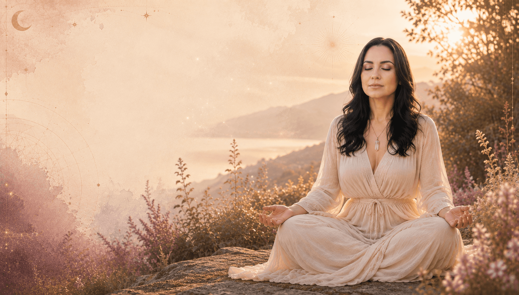 Clarissa Garcia meditando ao ar livre, ao entardecer